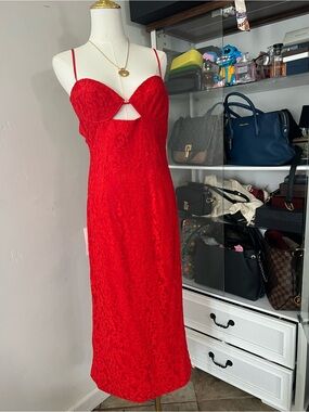 Bardot Red Lace Cutout Midi Dress with Spaghetti Straps